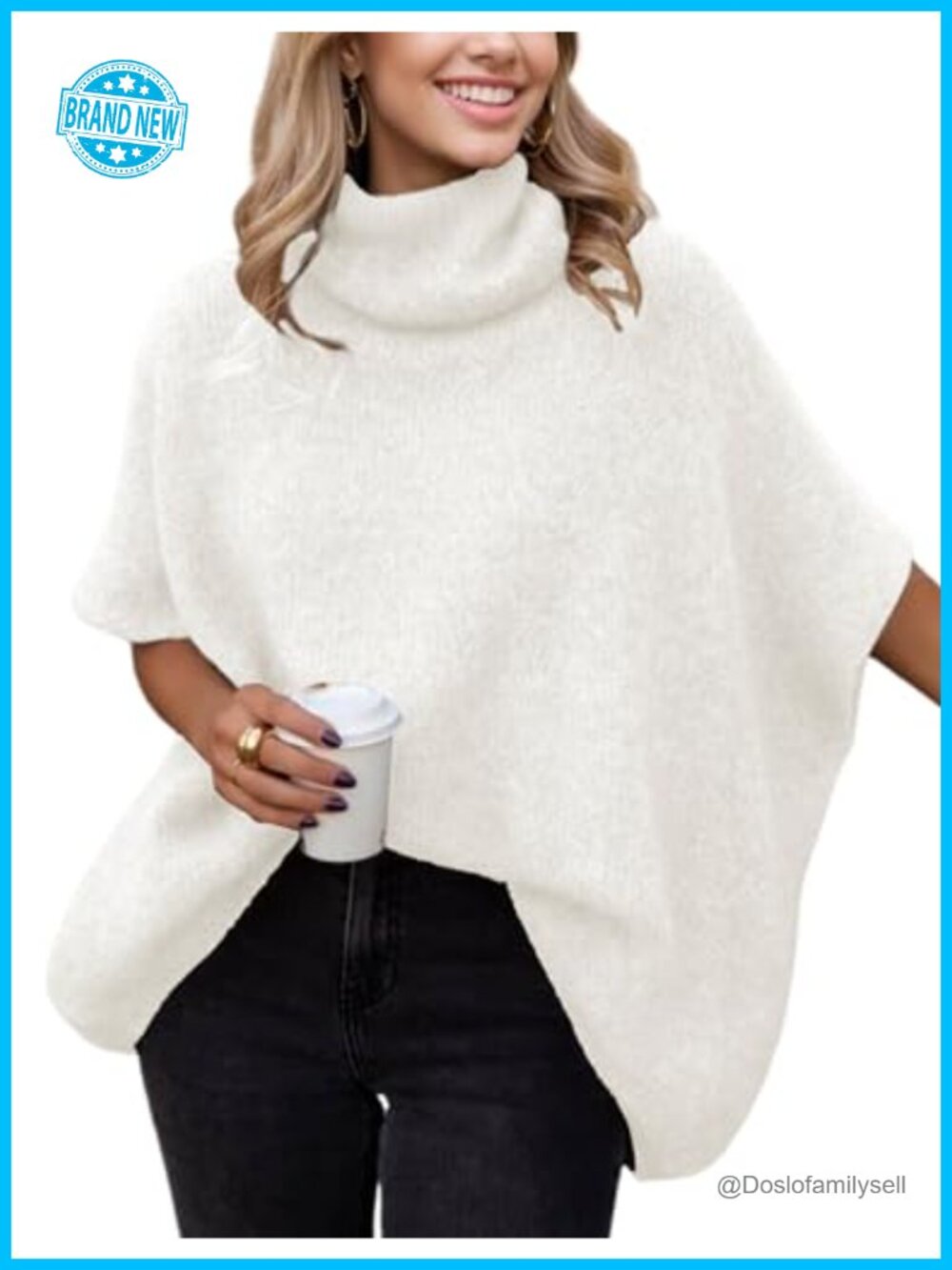 Womens Oversized Turtleneck Sweater Short Batwing Sleeve Chunky Knit Pullover
